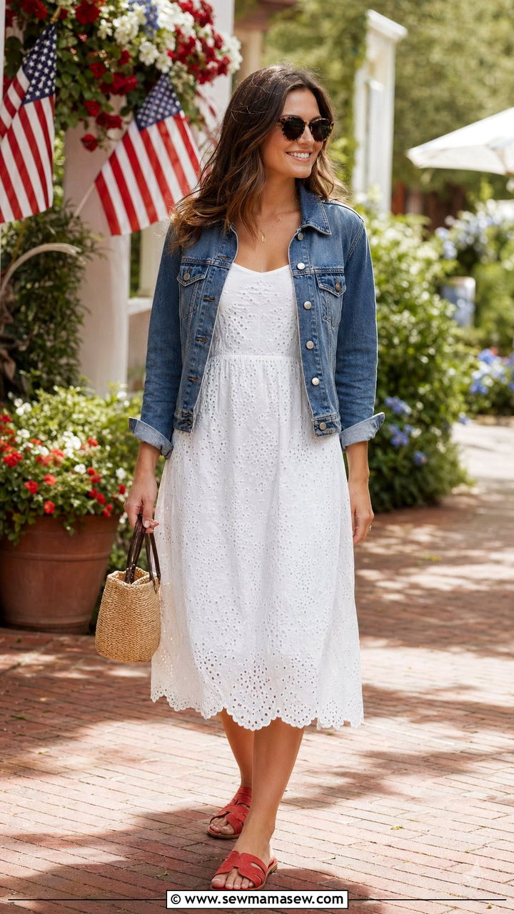 White Eyelet Dress With Denim Jacket - 35 4th of July outfits