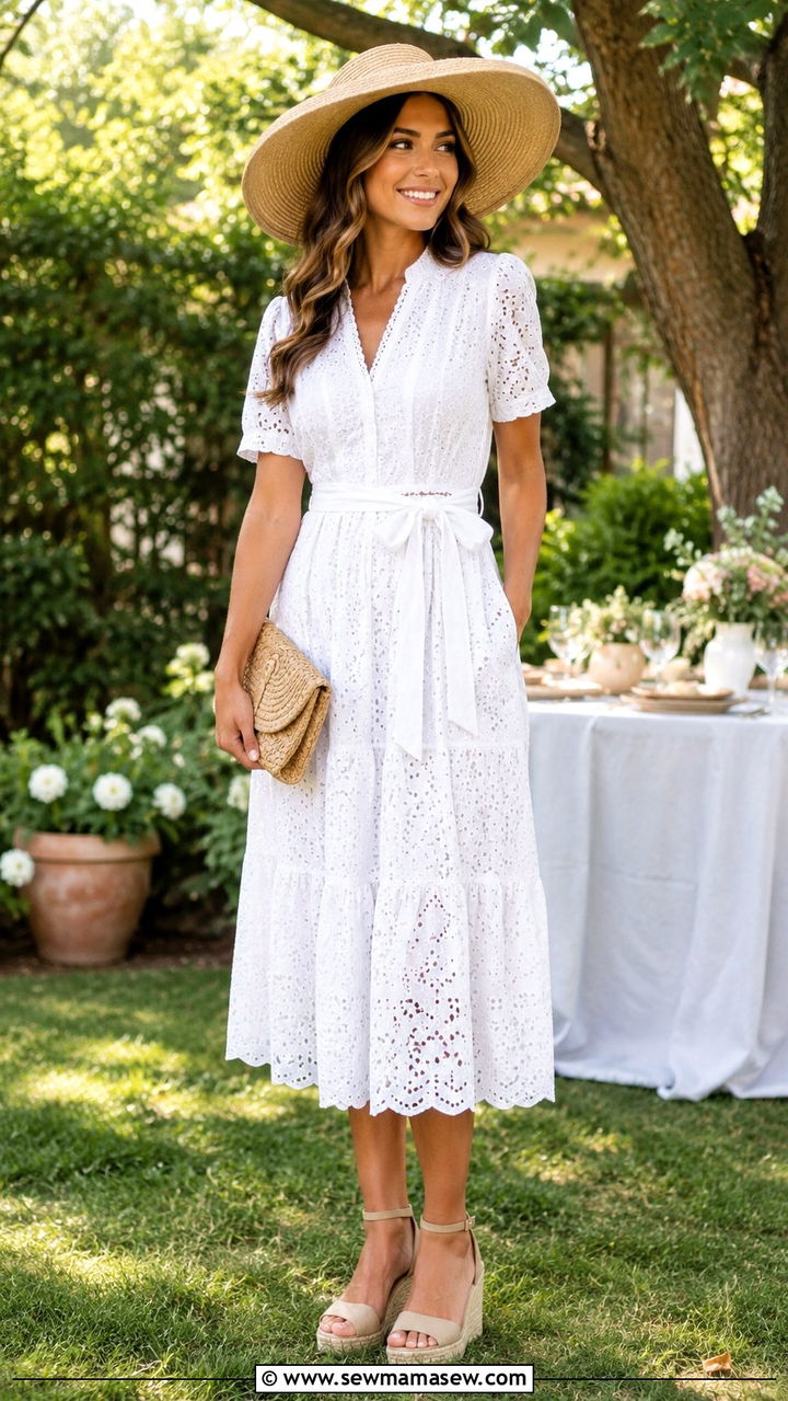 White Eyelet Dress With Espadrille Wedges - 30 classy preppy outfit ideas