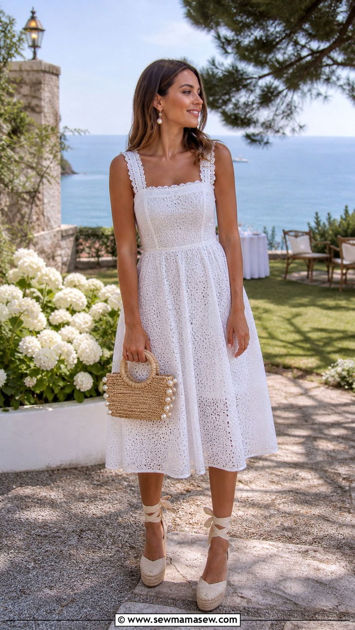 White Eyelet Dress With Espadrille Wedges Coastal Outfit - 40 summer coastal outfit ideas