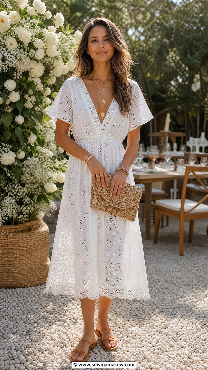 White Eyelet Dress With Layered Jewelry And Flat Sandals - 25 Boho outfit ideas with sandals