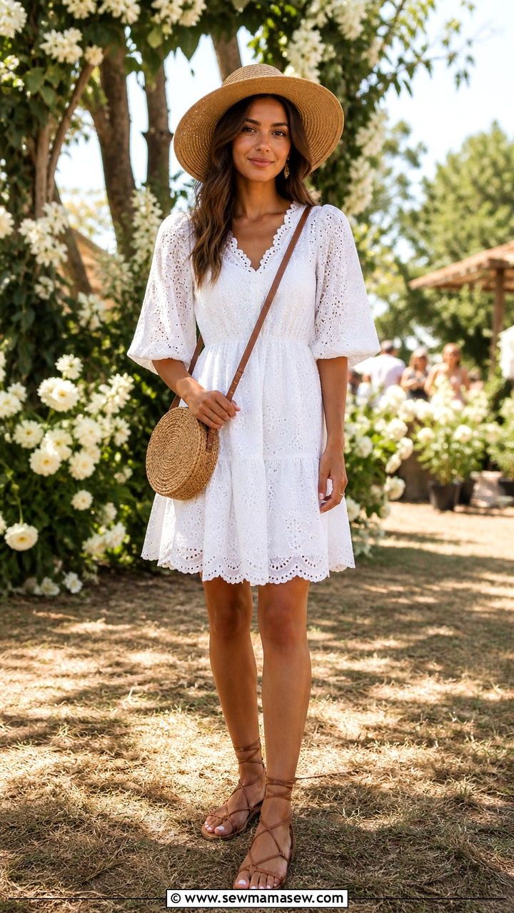 White Eyelet Dress With Straw Accessories - 40 Summer festival outfits