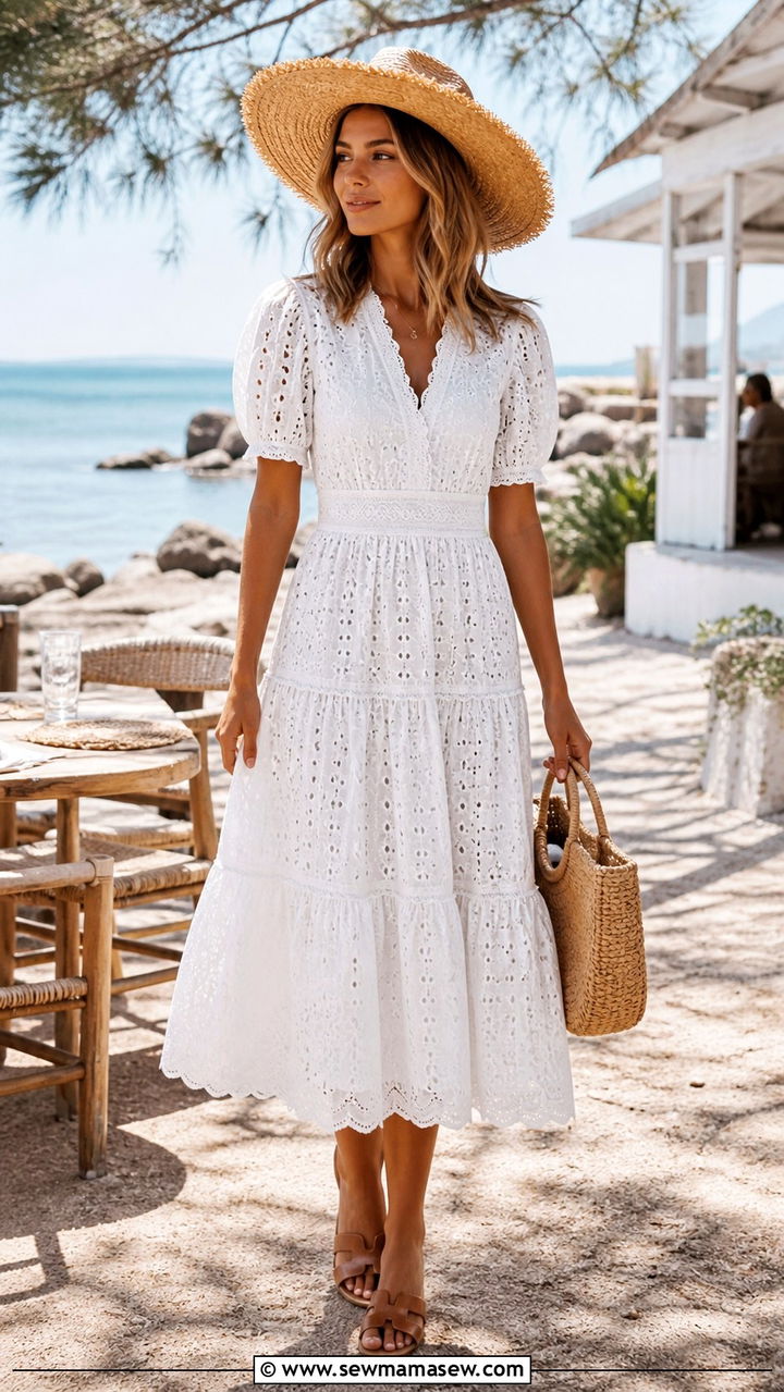 White Eyelet Dress With Straw Hat Boho Look - 20 Boho outfit ideas Free People style