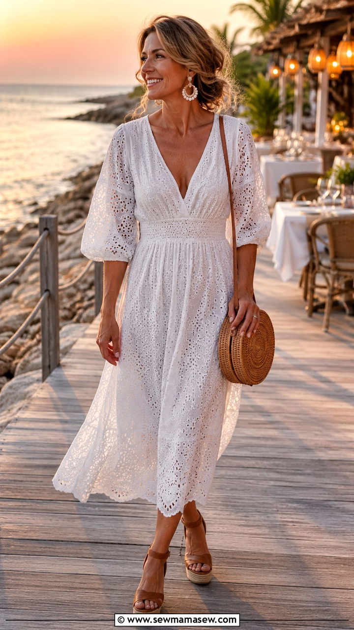 White Eyelet Dress With Wedge Sandals - 30 romantic outfit ideas for women over 40