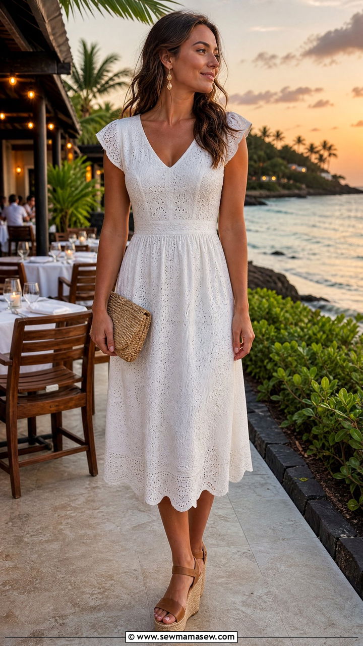 White Eyelet Dress With Wedge Sandals For Kauai Dinner - 25 Kauai outfit ideas