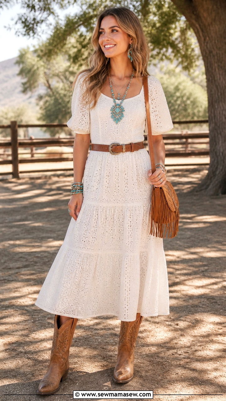 White Eyelet Dress With Western Boots - 40 Boho summer outfits