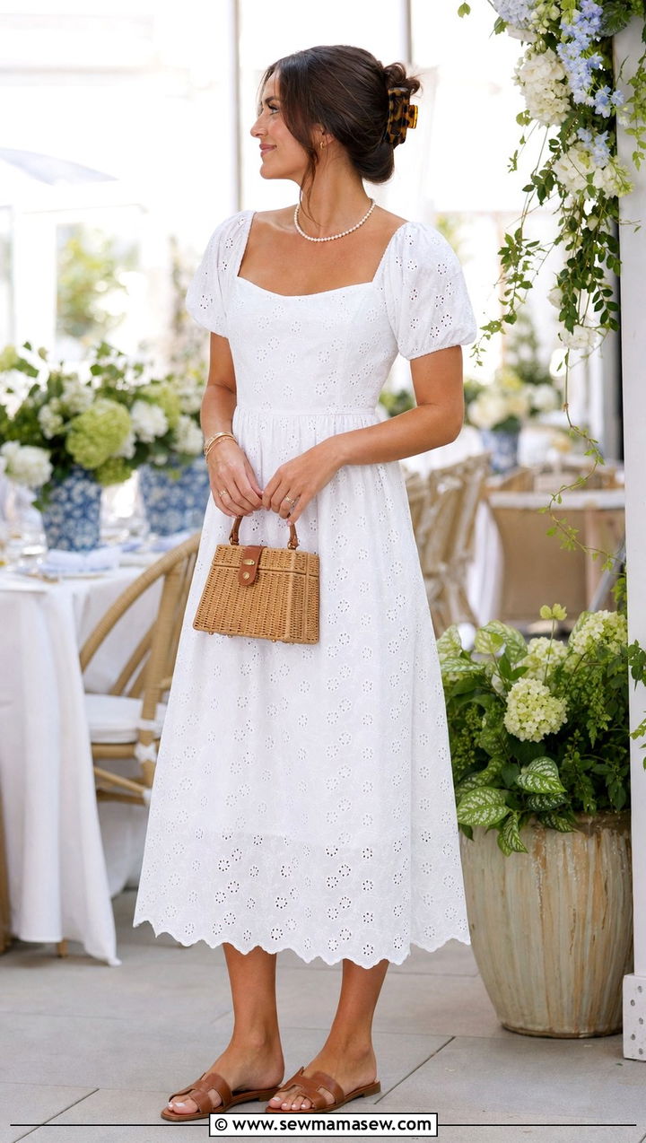 White Eyelet Dress With Woven Sandals And Pearl Jewelry - 25 spring coastal grandmother outfit ideas