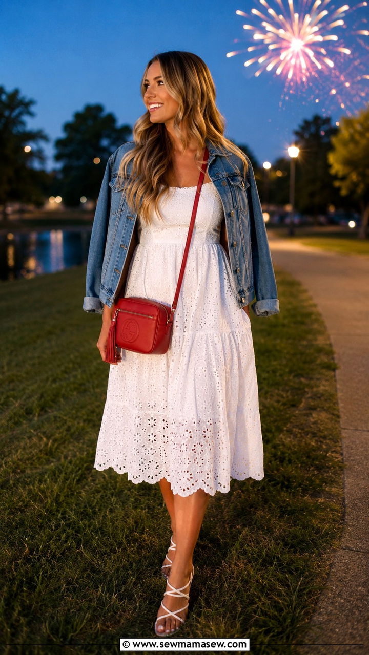 White Eyelet Dress With a Denim Jacket - 25 4th of July outfit ideas