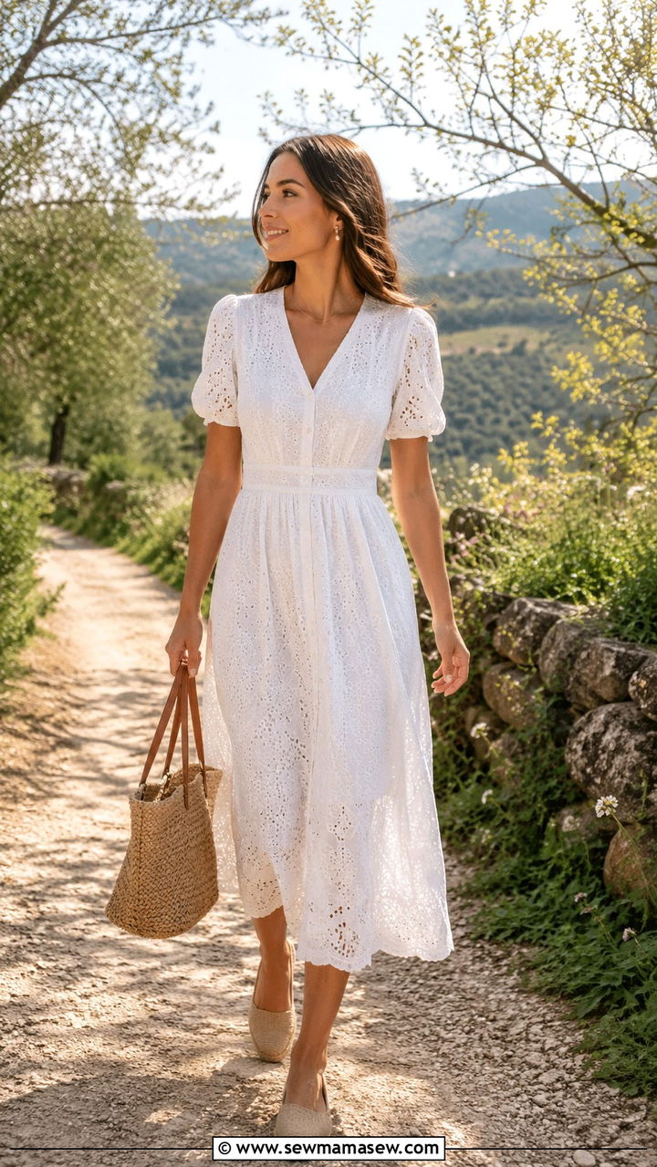White Eyelet Dress and Espadrille Flats - 30 Romantic spring outfit ideas