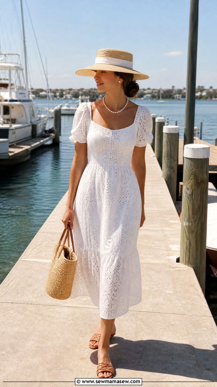 White Eyelet Dress and Raffia Bag - 30 Old money outfit ideas for yacht club