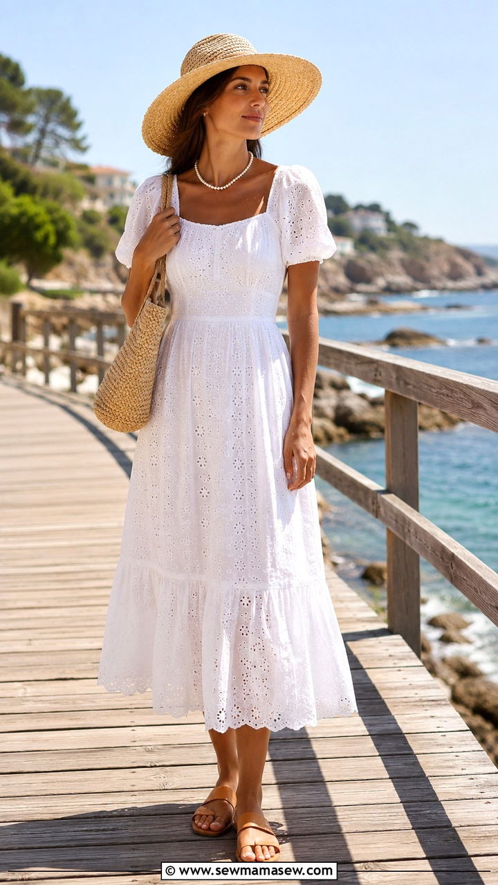 White Eyelet Dress and Straw Hat With Sandals and Pearl Necklace - 25 Old money outfit ideas with pearls necklace
