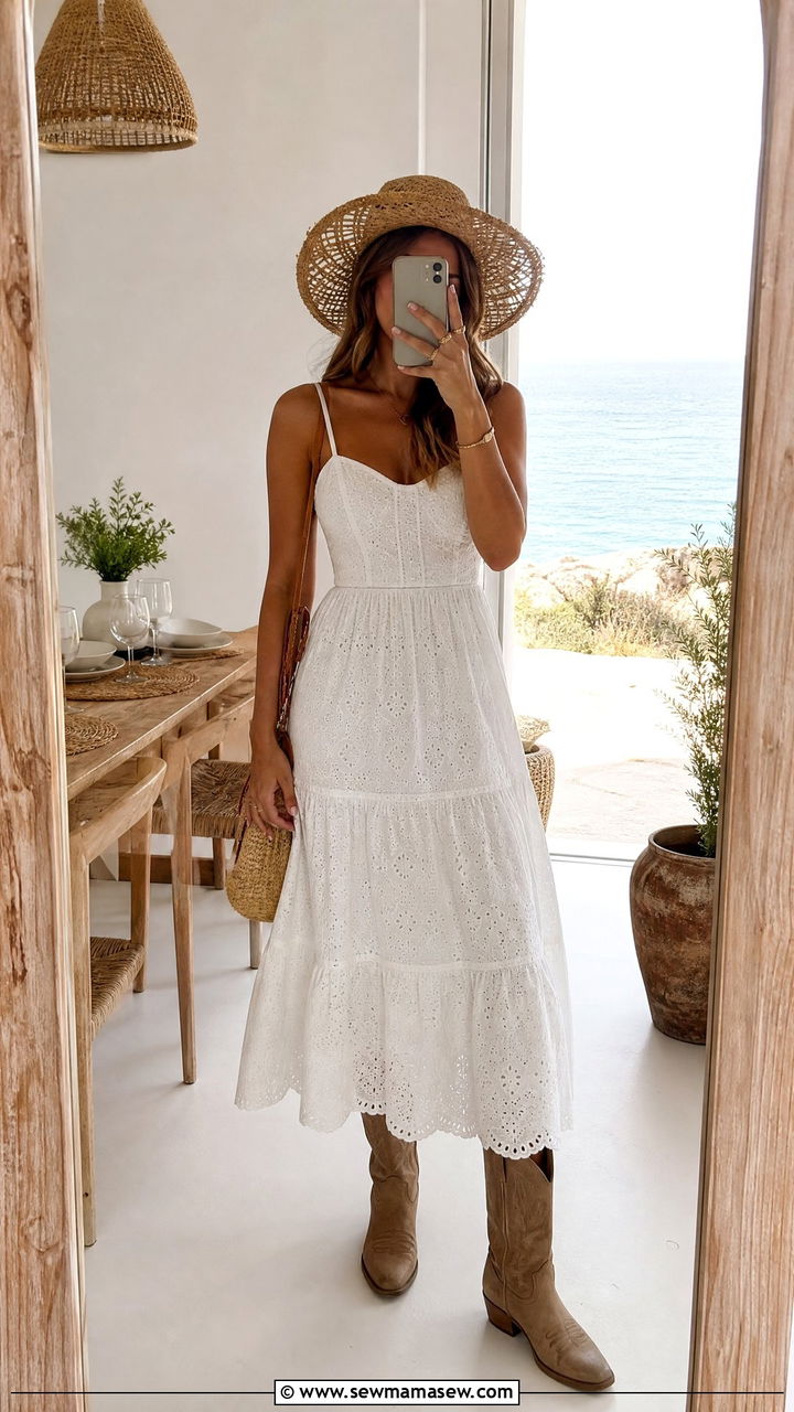 White Eyelet Dress and Tan Cowboy Boots Outfit - 30 coastal cowgirl outfits ideas