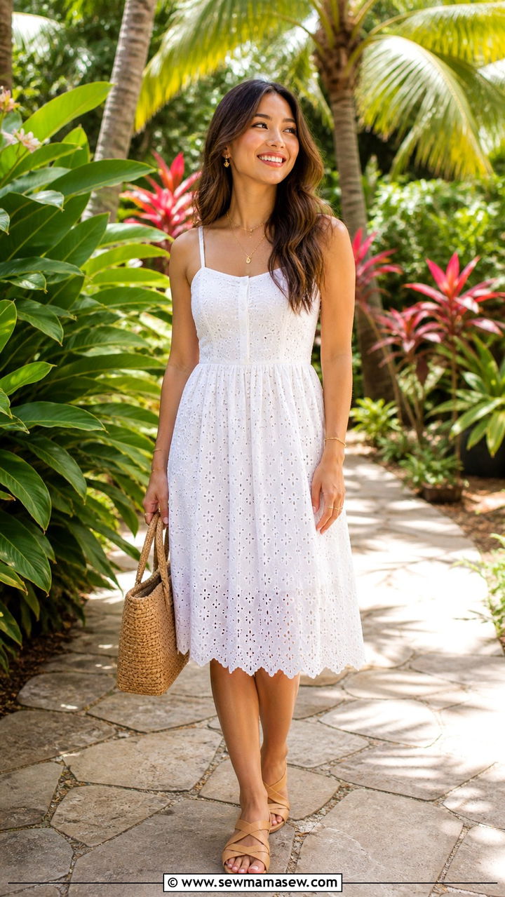 White Eyelet Dress and Woven Bag Hawaii Outfit - 40 What to wear in Hawaii