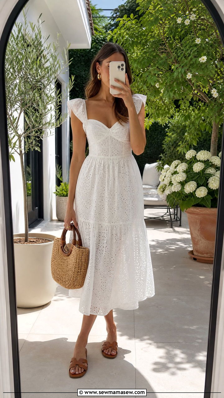 White Eyelet Dress and Woven Bag - 30 summer romantic outfit ideas
