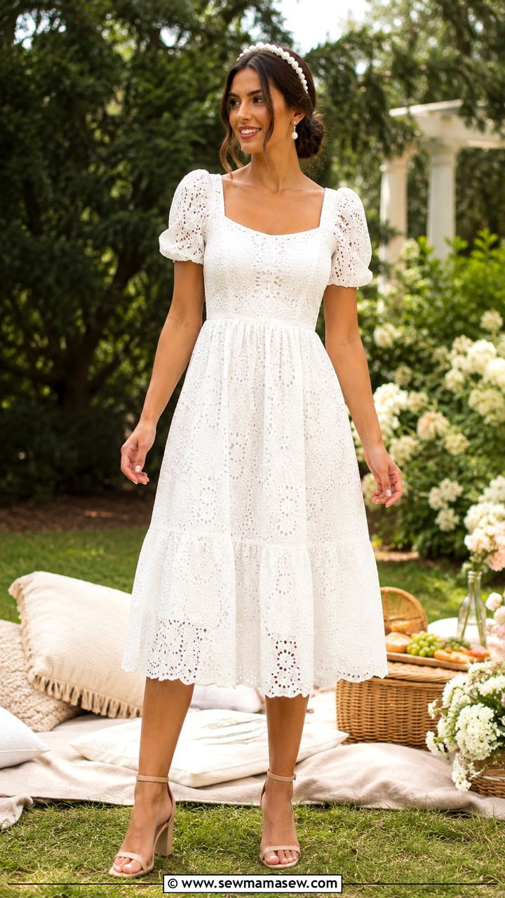 White Eyelet Dress with Block Heel Sandals and Pearl Accessories - 30 Picnic outfit ideas