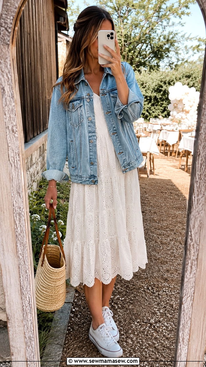 White Eyelet Dress with Denim Jacket - 25 Baby shower outfit ideas hostess