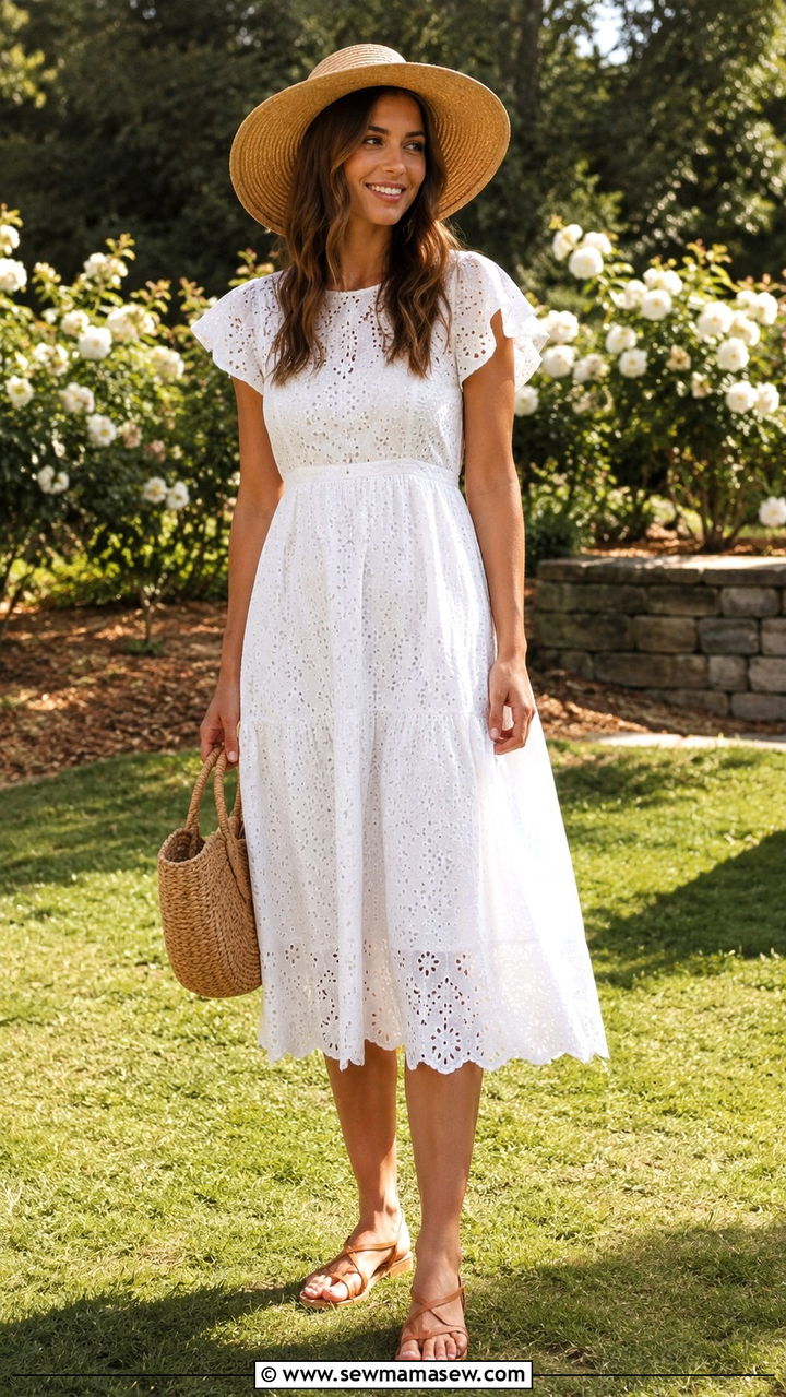 White Eyelet Dress with Flat Sandals - 30 casual romantic outfits
