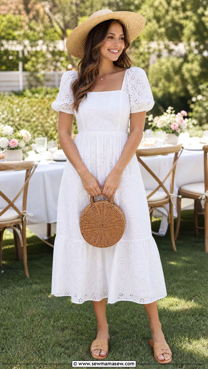 White Eyelet Dress with Straw Accessories - 30 Feminine spring outfits
