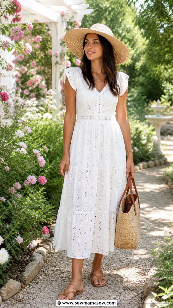 White Eyelet Dress with Straw Hat - 40 Spring garden party outfits