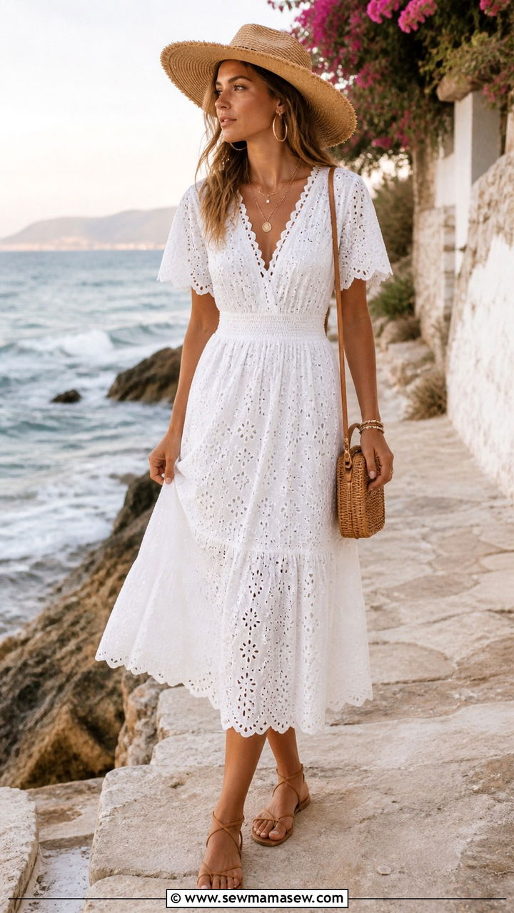 White Eyelet Dress with Straw Hat - 40 Bohemian outfit ideas
