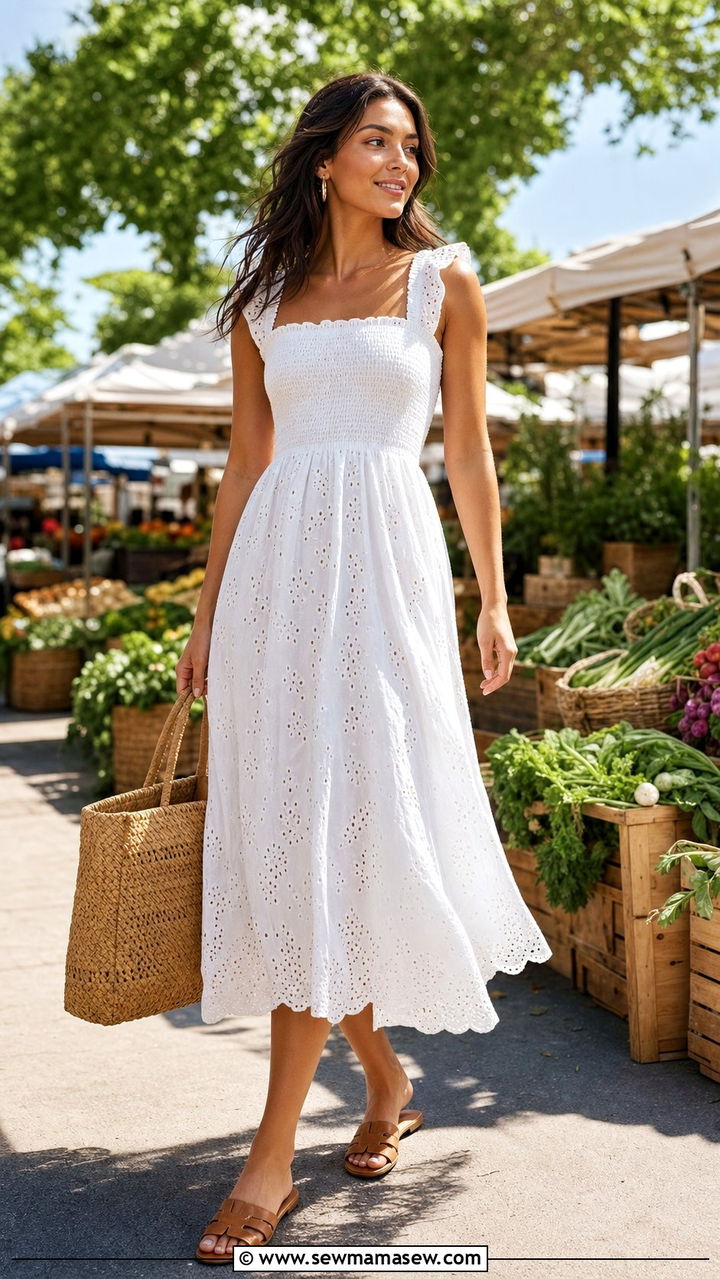 White Eyelet Dress with Straw Tote and Flat Sandals - 25 cute trendy outfits