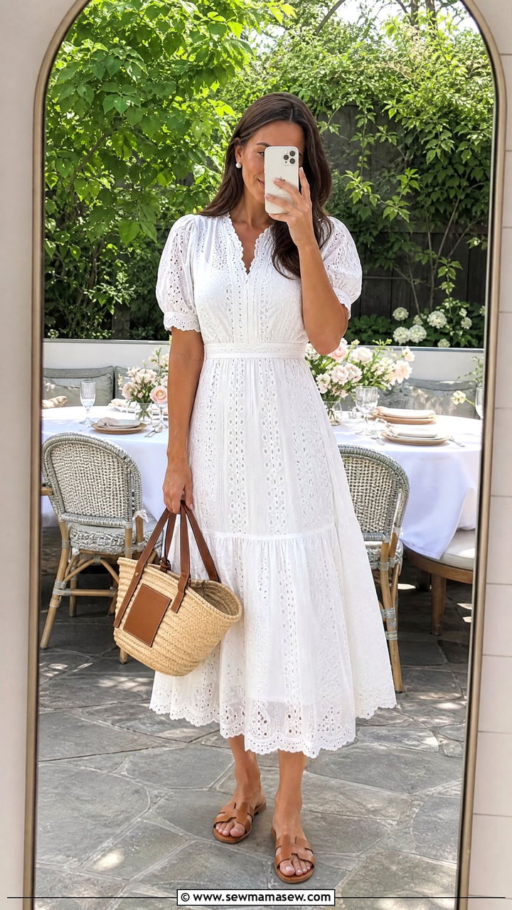 White Eyelet Dress with Tan Sandals - 25 Brunch outfit ideas with sandals