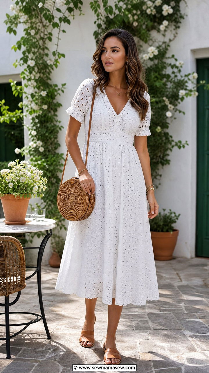 White Eyelet Lace Dress With Flat Sandals - 30 summer european outfit ideas