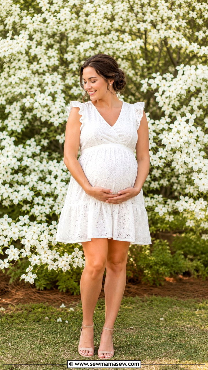 White Eyelet Lace Dress With Nude Sandals - 30 Spring maternity photo outfits