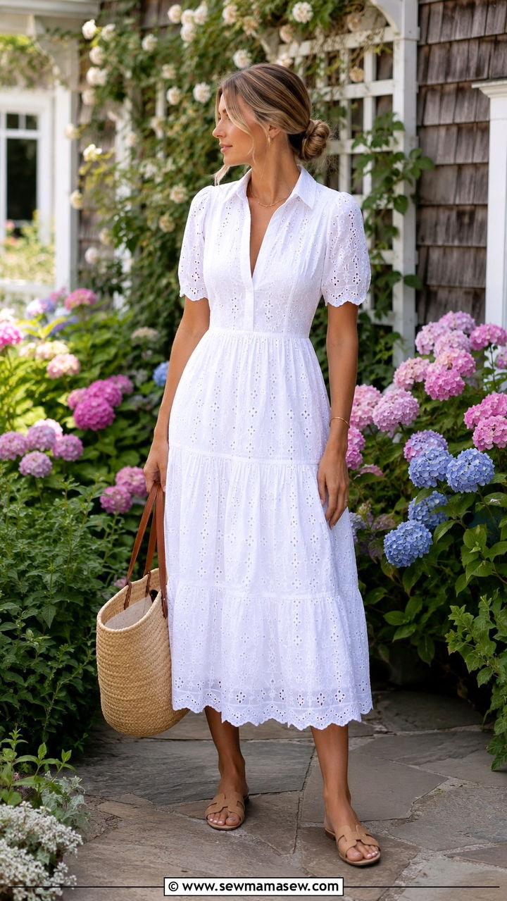 White Eyelet Lace Dress Woven Tote Hamptons Outfit - 30 Old money outfit ideas for the Hamptons
