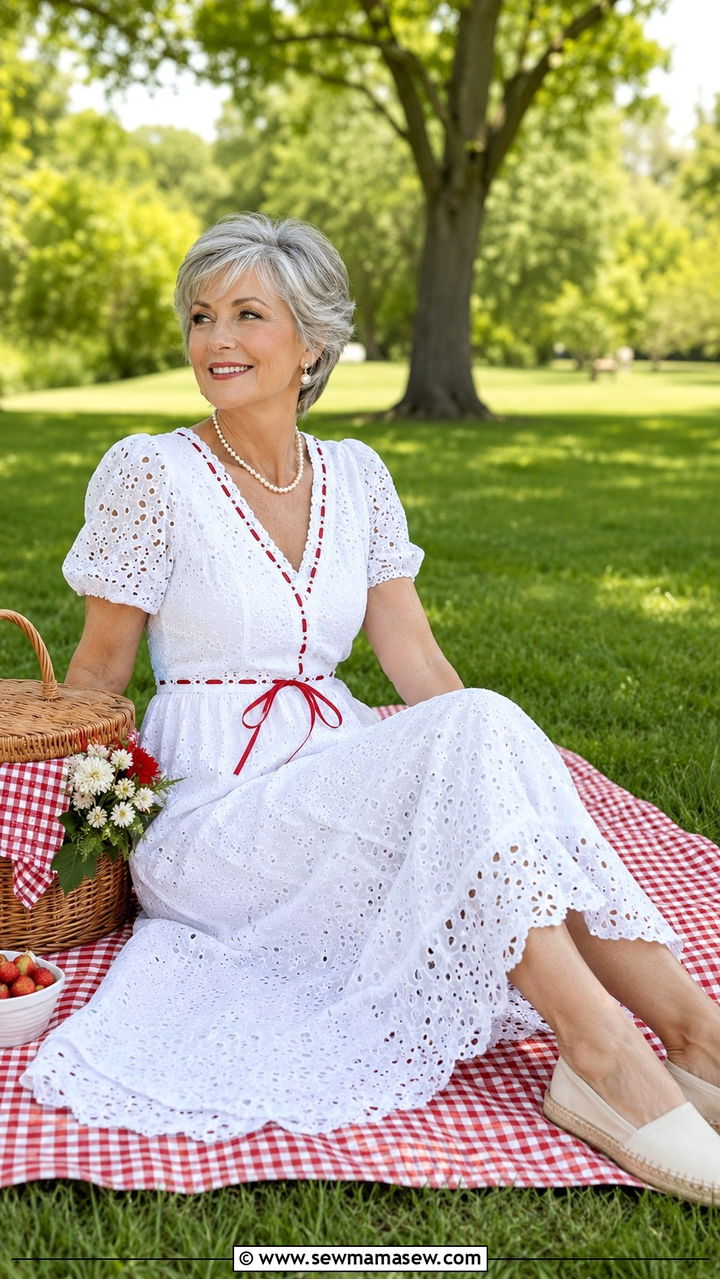 White Eyelet Lace Picnic Dress - 30 Picnic outfits for women over 60