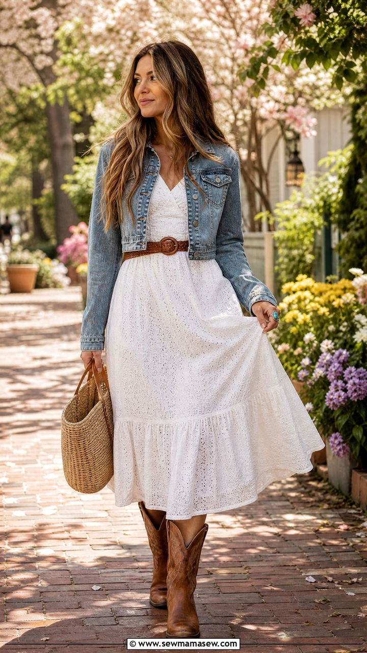 White Eyelet Maxi Dress With Denim Jacket - 35 Modern boho outfit ideas