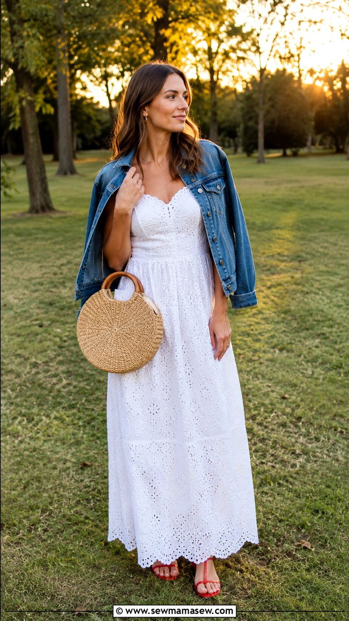 White Eyelet Maxi Dress With Red Strappy Sandals And Denim Jacket - 30 July 4th weekend outfit ideas