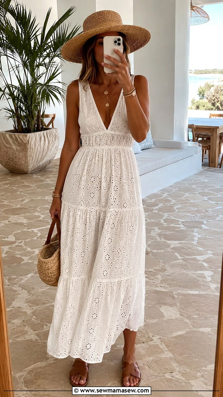 White Eyelet Maxi Dress With Wide Brim Straw Hat - 25 boho chic outfits aesthetic