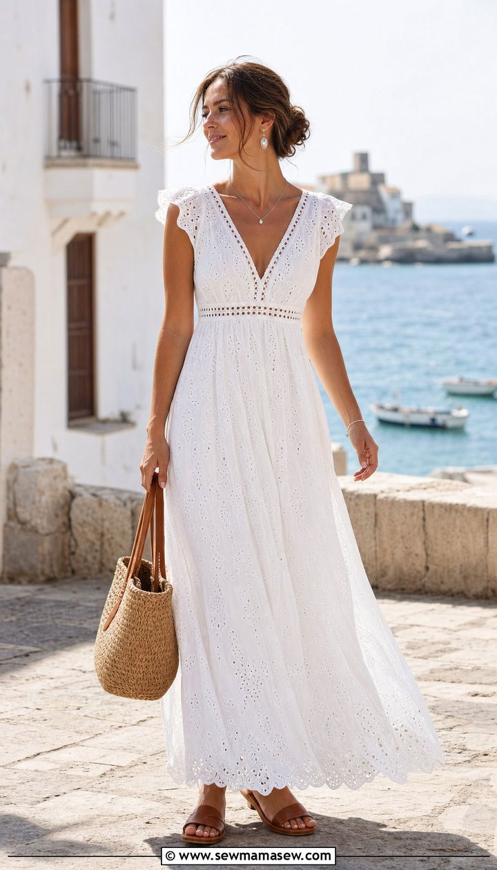 White Eyelet Maxi Dress with Flat Leather Sandals - 35 beach vacation outfits Pinterest