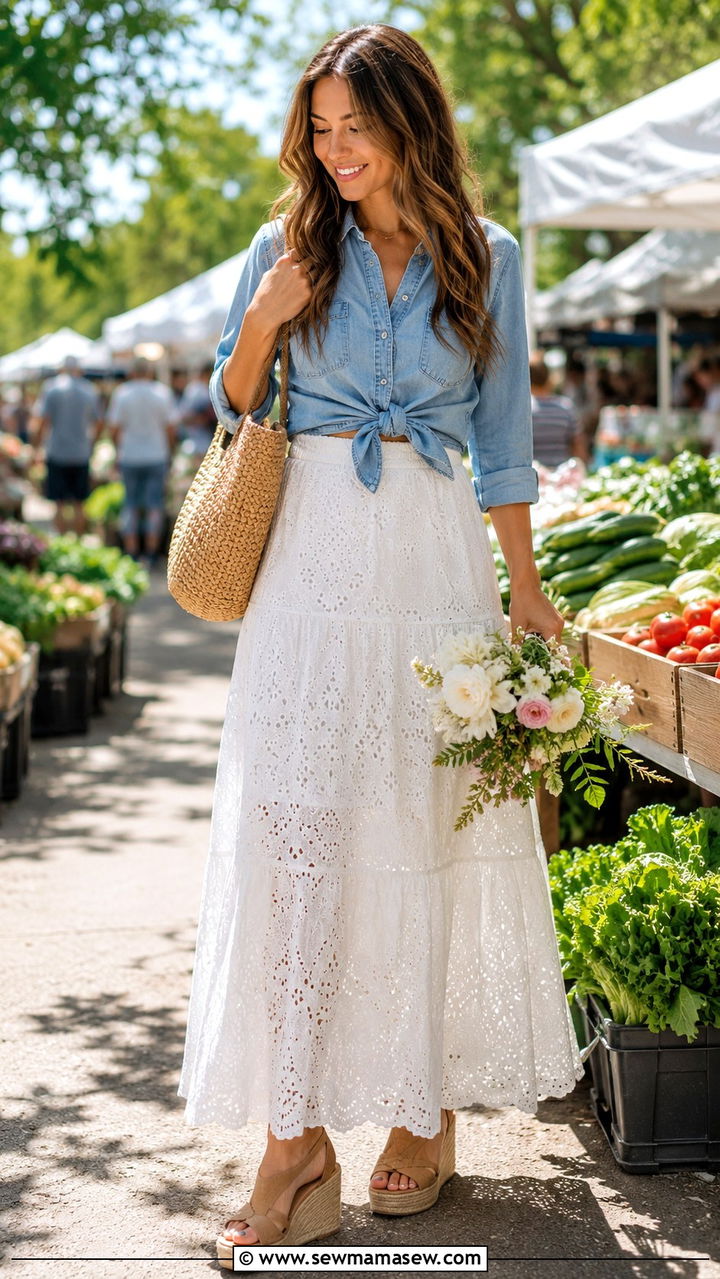White Eyelet Maxi Skirt with Wedge Heels - 30 Maxi skirt outfit ideas with heels