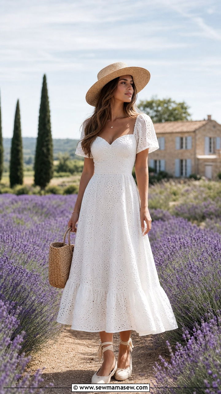 White Eyelet Midi Dress And Straw Hat - 25 Summer cottagecore outfits 2026