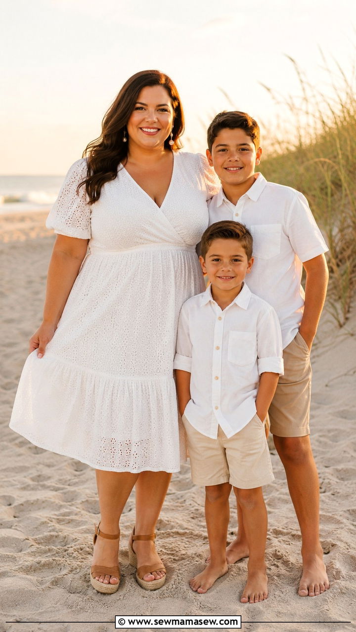 White Eyelet Midi Dress With Espadrille Wedges - 30 Plus size outfit ideas for family photos