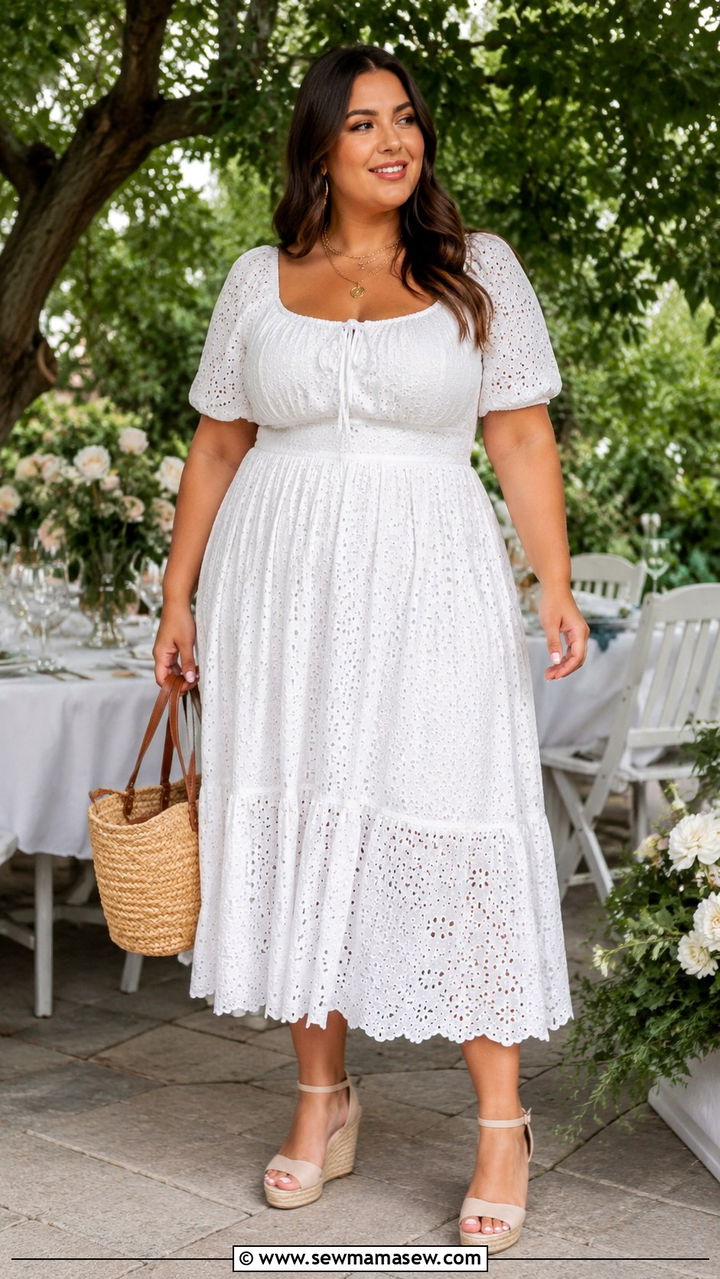White Eyelet Midi Dress With Espadrilles - 30 Plus size outfit ideas 2026