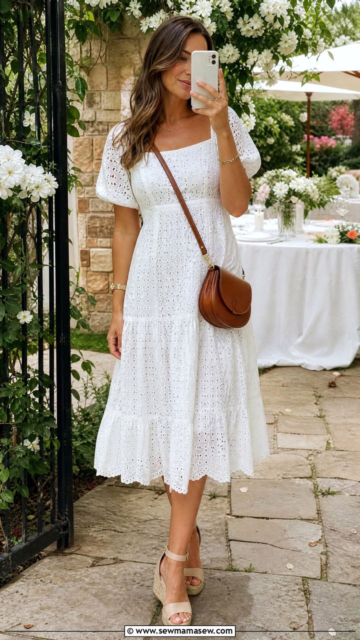 White Eyelet Midi Dress With Espadrilles - 30 Summer outfits in white