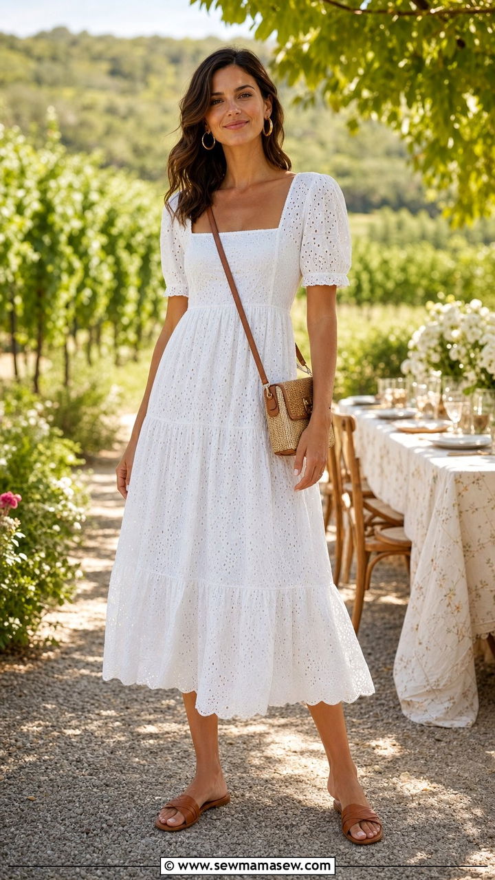 White Eyelet Midi Dress With Flat Tan Sandals - 25 Elevated summer outfit ideas 2026