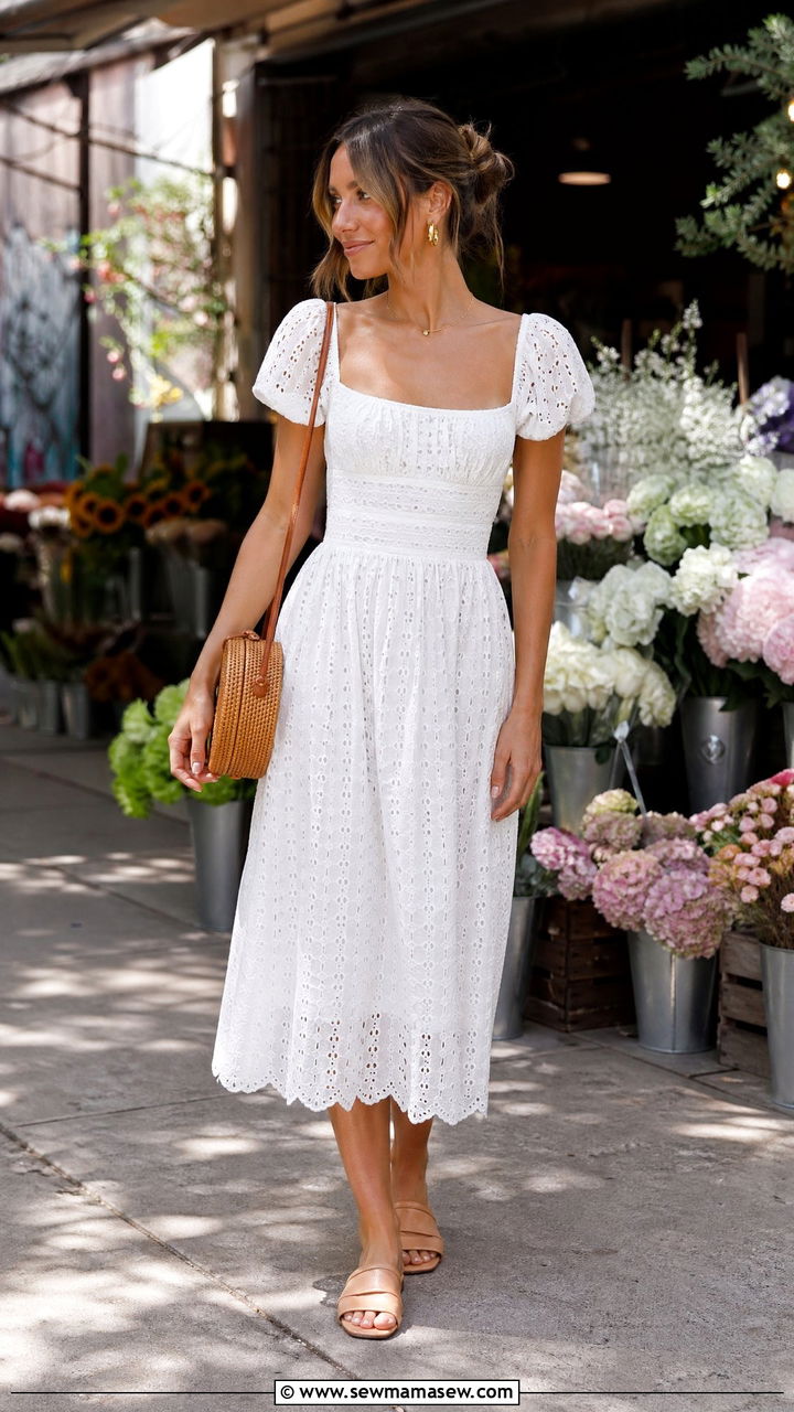 White Eyelet Midi Dress With Nude Sandals - 35 Elegant summer outfits