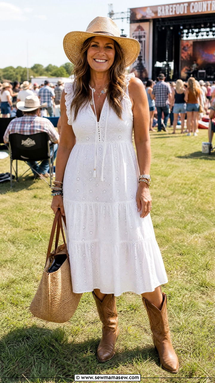 White Eyelet Midi Dress With Straw Hat - 30 country concert outfits for women over 40