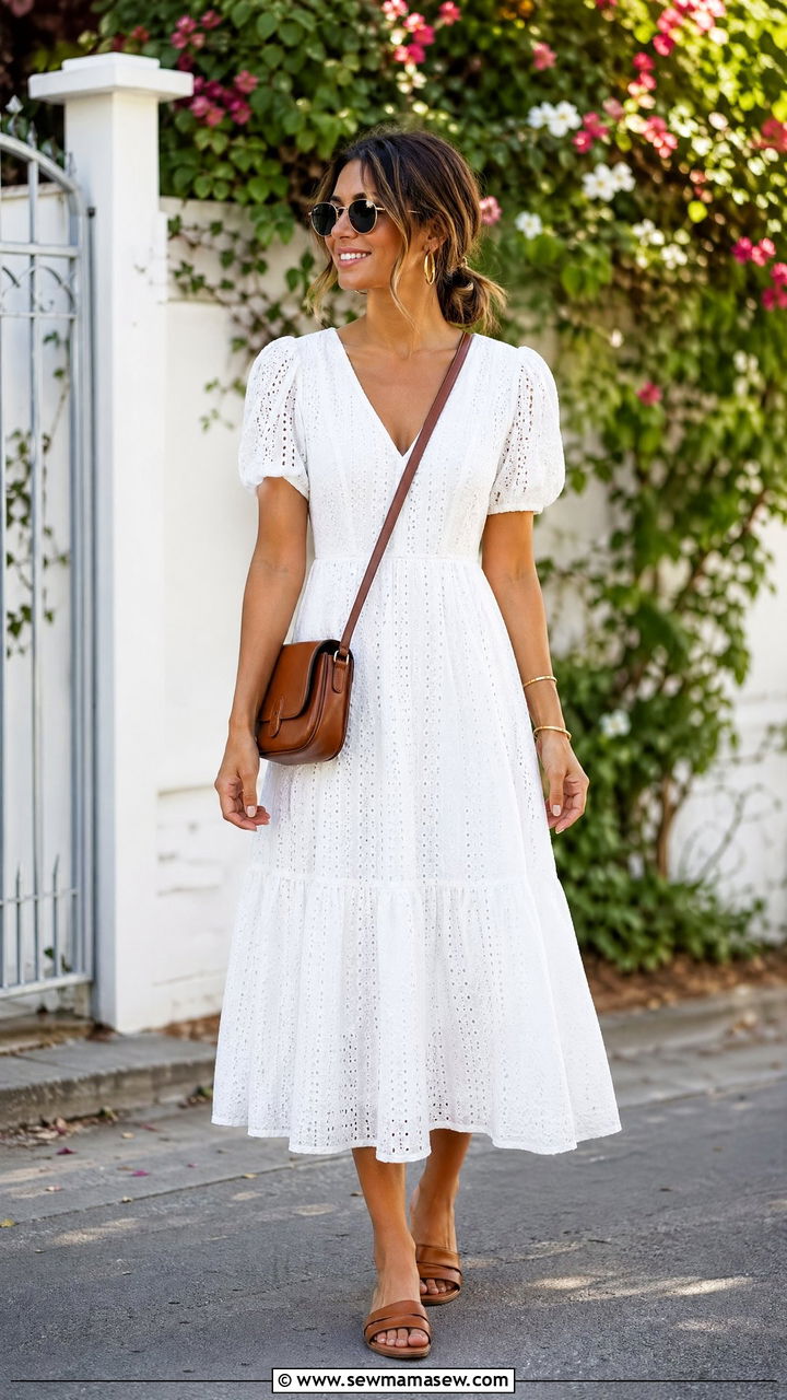 White Eyelet Midi Dress With Tan Sandals - 35 Eyelet dress outfit ideas
