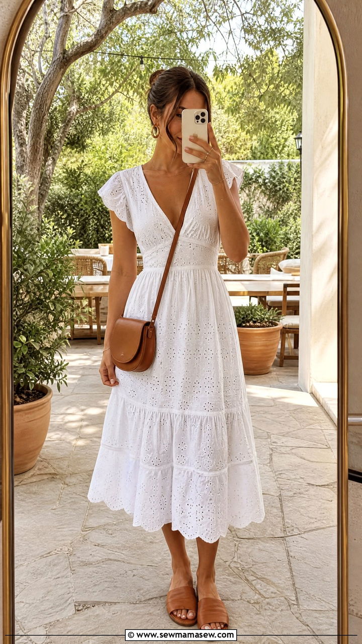 White Eyelet Midi Dress With Tan Slides And Gold Hoops - 30 Sunday brunch outfit ideas for women
