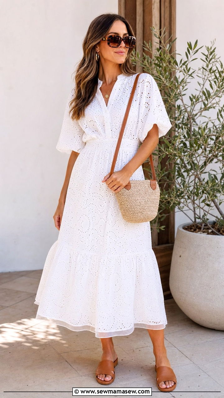 White Eyelet Midi Dress With Tan Slides Outfit - 25 summer outfits 2026 women classy