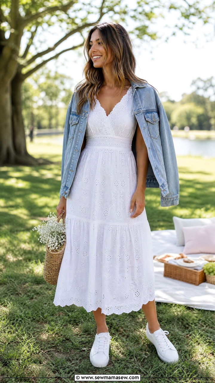 White Eyelet Midi Dress With White Sneakers And Denim Jacket - 30 Stylish spring outfit ideas 2026