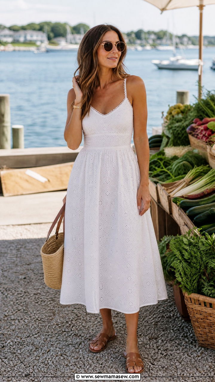 White Eyelet Midi Dress With Woven Tote - 25 Hamptons outfit ideas 2026