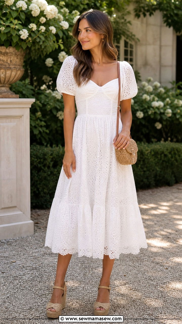White Eyelet Midi Dress With Woven Wedges - 40 summer outfits 2026