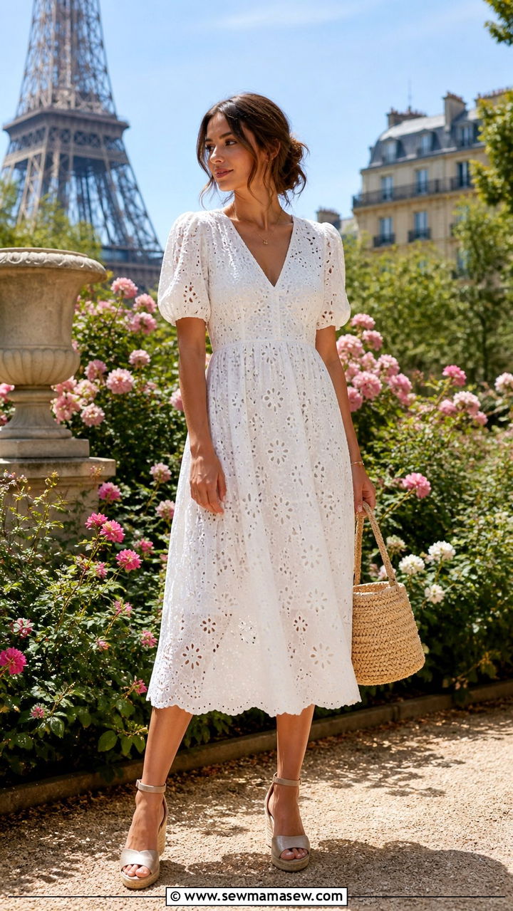 White Eyelet Midi Dress With a Woven Bag and Wedge Sandals - 40 Paris outfit ideas