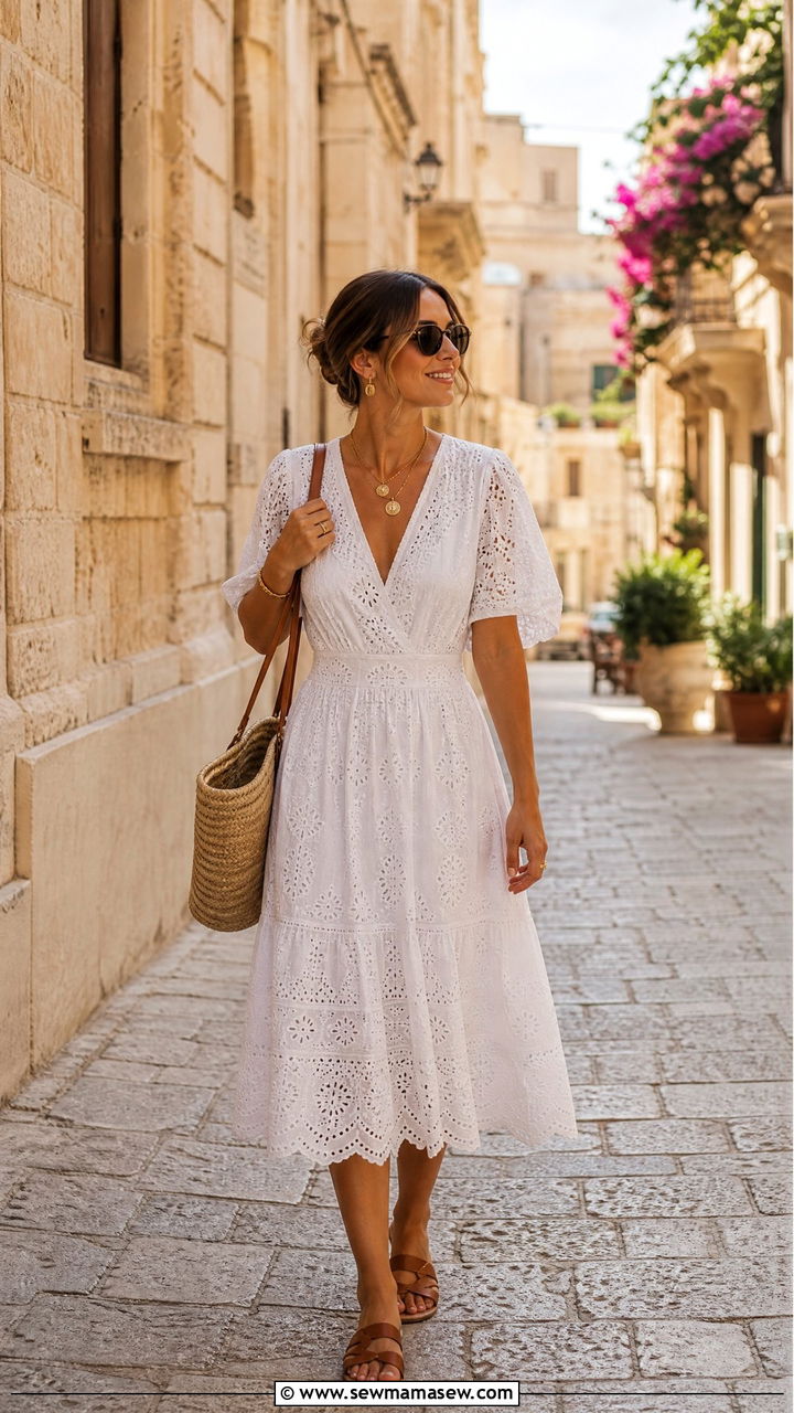 White Eyelet Midi Dress for Historic Street Wandering - 35 Italy vacation outfit ideas 2026