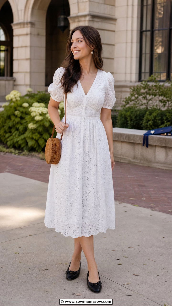 White Eyelet Midi Dress with Ballet Flats Outfit - 30 summer old money outfit ideas